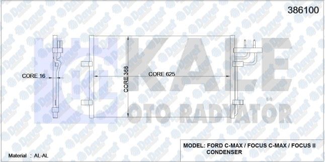 KALE 386100 Klima Radyatoru Focus-Cmax 1.6tdci 03>10 (Al-Al) (645x368x16) (Kurutucu Ile)